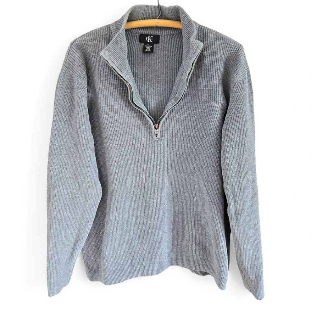 Calvin Klein XL Gray 100% Cotton Half-Zip Ribbed Sweater Mock Turtleneck - Picture 2 of 9